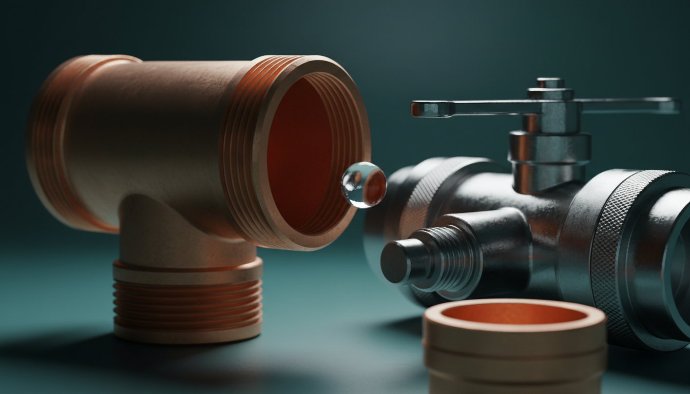 Macro close-up of polished copper pipe joints and a chrome high-pressure valve with a suspended water droplet
