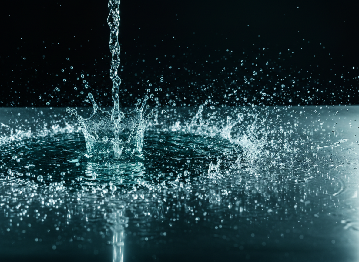 Macro photograph of a high-pressure water stream hitting a polished steel surface